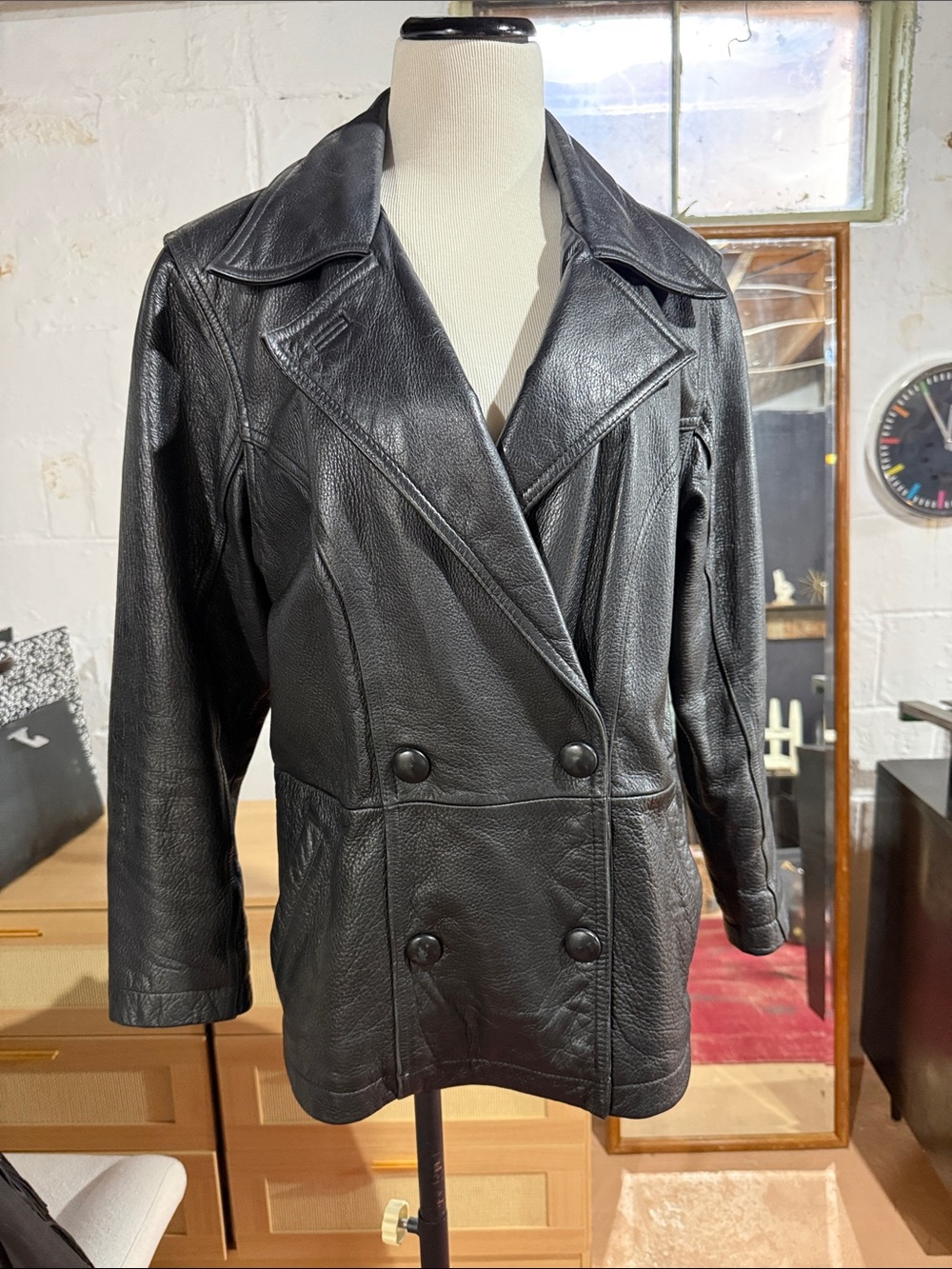 Heavy Classic Black Leather Double-Breasted Jacket S